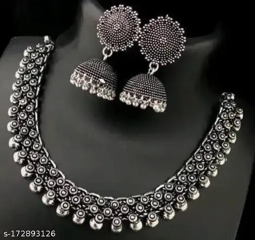 MEZRAA™ Oxidised Silver Necklace & Earrings Set for Women | Elegant Brass Combo Set