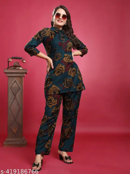 MEZRAA Printed Rayon Co-Ord Set for Women & Girls | Top & Bottom Set