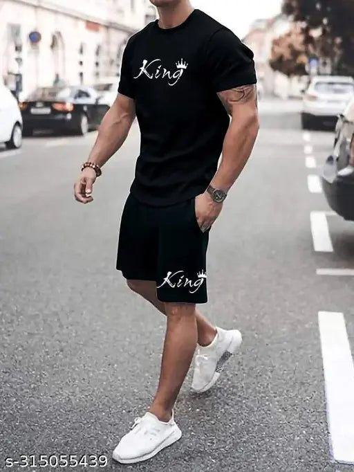 MEZRAA x STYLOKETH “KING” Black Co-Ord Set for Men | Half Sleeve Tee & Shorts Tracksuit