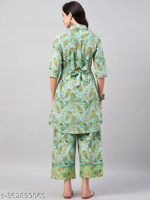 MEZRAA Green Paisley Hi-Low Co-Ord Set | Cotton A-Line Kurta & Pant Combo