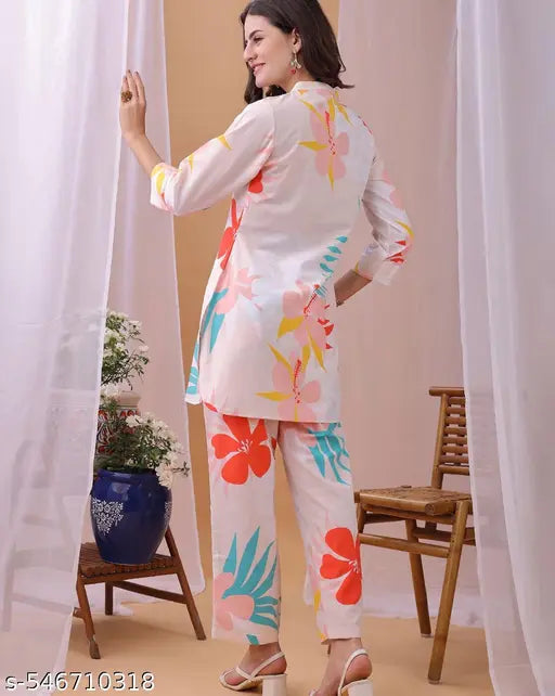 Mezraa Floral Rayon Co-Ord Set | Tunic & Pant Set for Women
