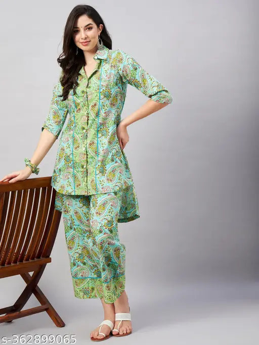 MEZRAA Green Paisley Hi-Low Co-Ord Set | Cotton A-Line Kurta & Pant Combo