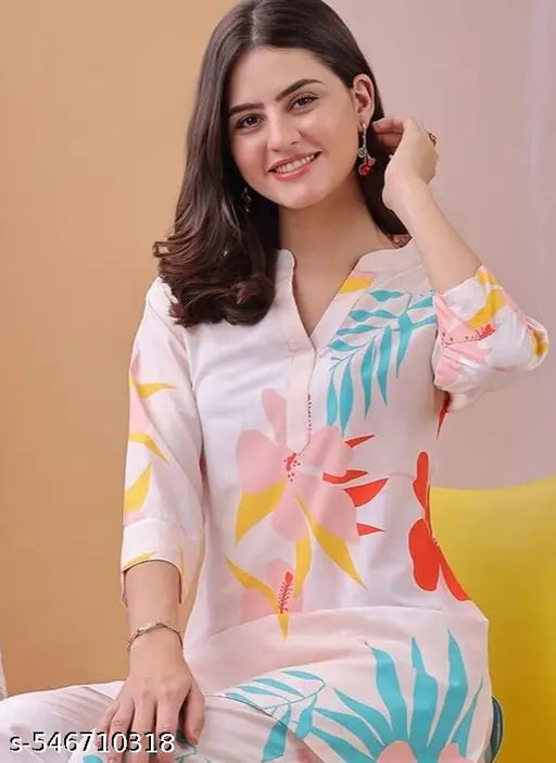 Mezraa Floral Rayon Co-Ord Set | Tunic & Pant Set for Women