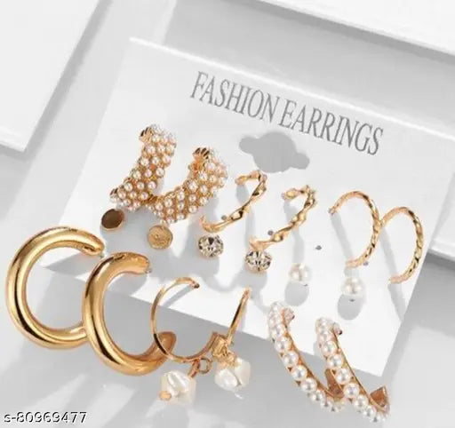 9-Pair Gold Pearl Hoop & Stud Set