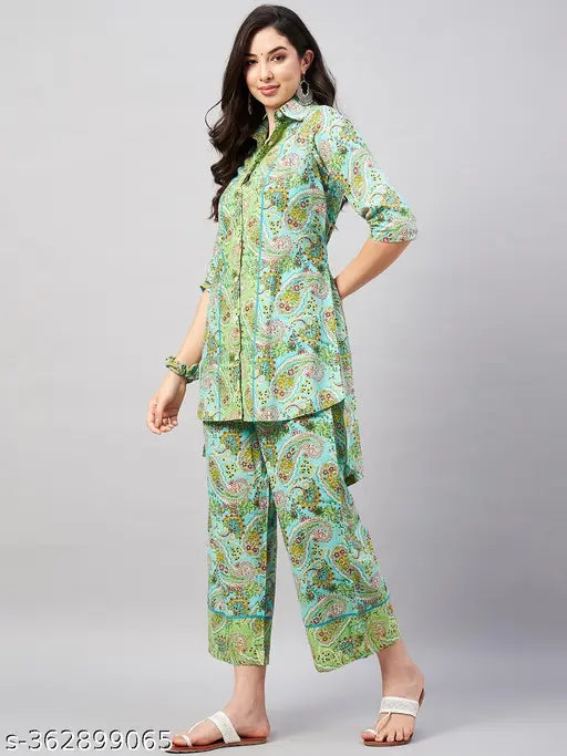 MEZRAA Green Paisley Hi-Low Co-Ord Set | Cotton A-Line Kurta & Pant Combo