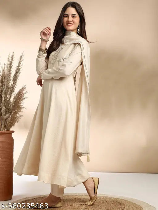 Mezraa Cream Silk Embroidered Kurta Set with Dupatta
