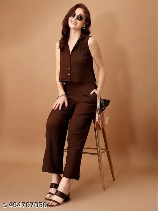 Mezraa Coffee Sleeveless Co-Ord Set | Button Crop Top & Wide-Leg Pants