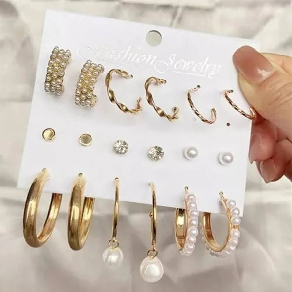9-Pair Gold Pearl Hoop & Stud Set
