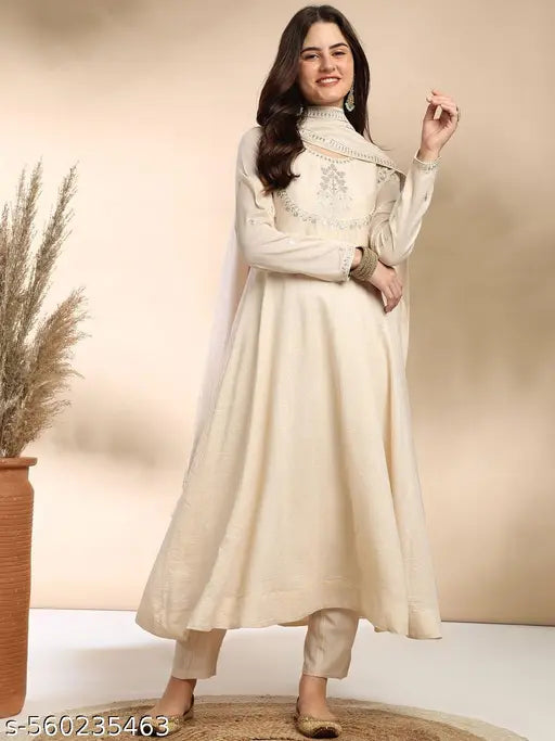 Mezraa Cream Silk Embroidered Kurta Set with Dupatta