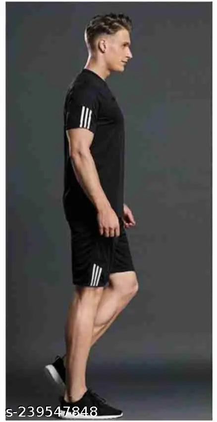 MEZRAA x STYLOKETH Black Striped Tracksuit – Tee & Shorts Set for Men