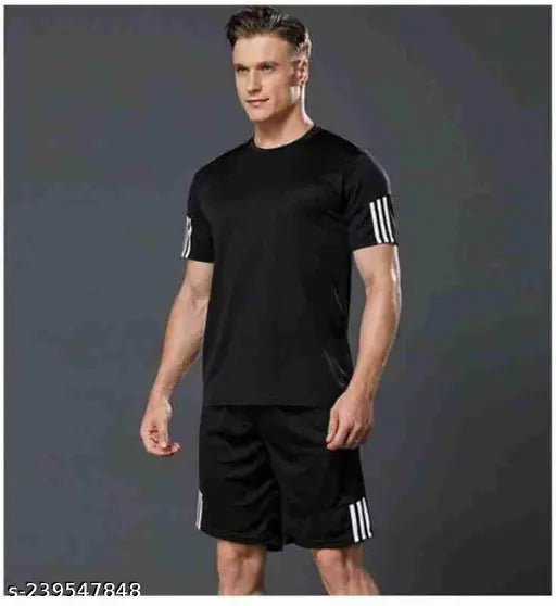MEZRAA x STYLOKETH Black Striped Tracksuit – Tee & Shorts Set for Men