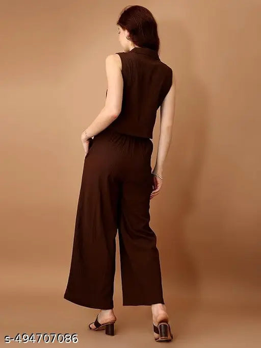 Mezraa Coffee Sleeveless Co-Ord Set | Button Crop Top & Wide-Leg Pants