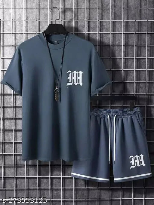 MEZRAA x STYLOKETH Men’s Grey Printed Co-Ord Set | Half Sleeve Tee & Shorts | Summer Tracksuit