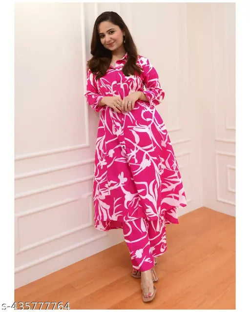 Mezraa Pink Floral Kurta Co-Ord Set | Cotton Blend Kurta & Pant Ensemble
