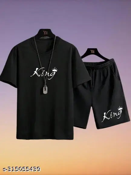 MEZRAA x STYLOKETH “KING” Black Co-Ord Set for Men | Half Sleeve Tee & Shorts Tracksuit