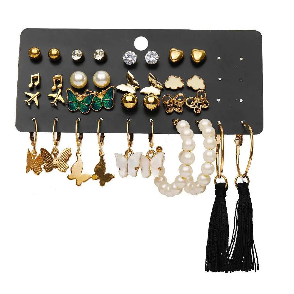 Vassaley 17-Pair Earring Set – Korean-Inspired Hoops & Studs Combo