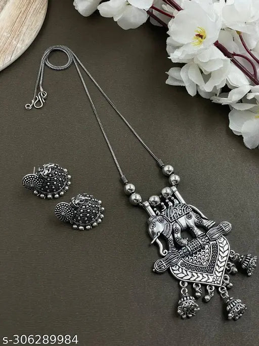 MEZRAA™ Oxidized German Silver Long Chain Pendant Set