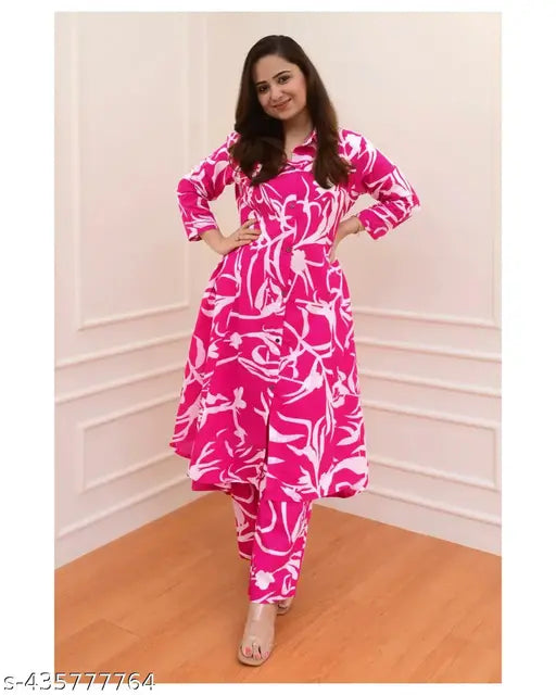 Mezraa Pink Floral Kurta Co-Ord Set | Cotton Blend Kurta & Pant Ensemble