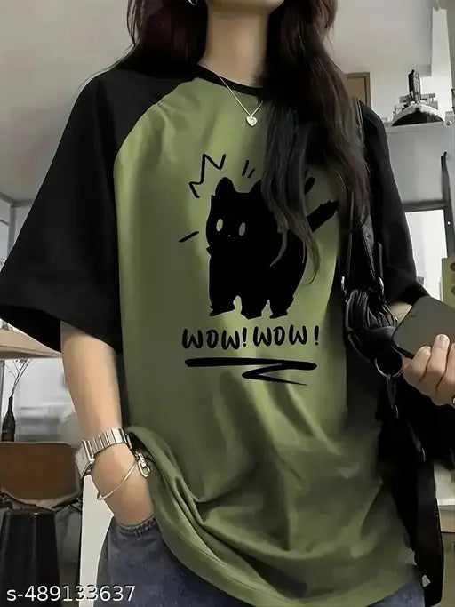 Sixteenlines Olive Green Graphic Printed Oversized T-Shirt with Raglan Sleeves