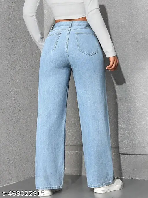 MEZRAA Women's Washed Wide-Leg Denim Jeans – Studded Finish