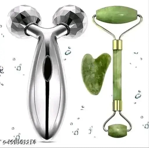 MEZRAA Jade & 3D Roller Facial Massager Combo | Stone Roller + Gua Sha + 3D Body Massager