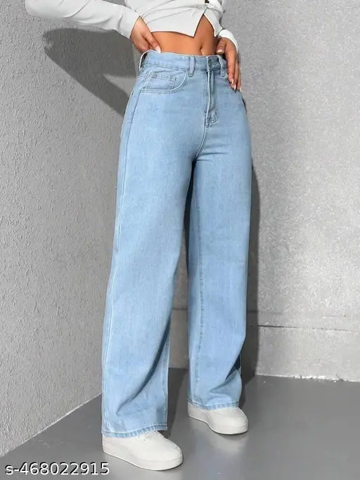 MEZRAA Women's Washed Wide-Leg Denim Jeans – Studded Finish