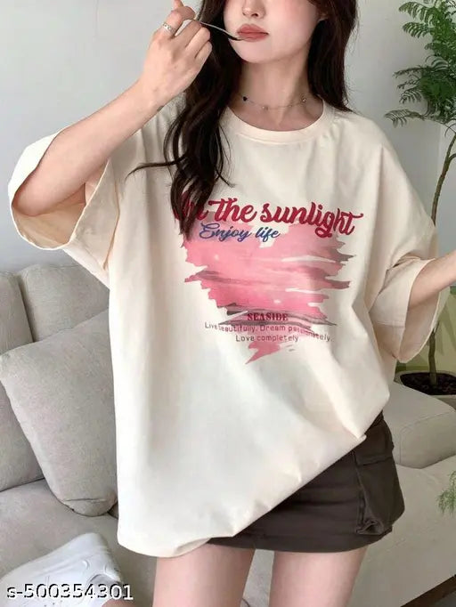 KSHS Women’s Cotton Printed Oversized T-Shirt – Black | Loose Fit, Baggy & Trendy
