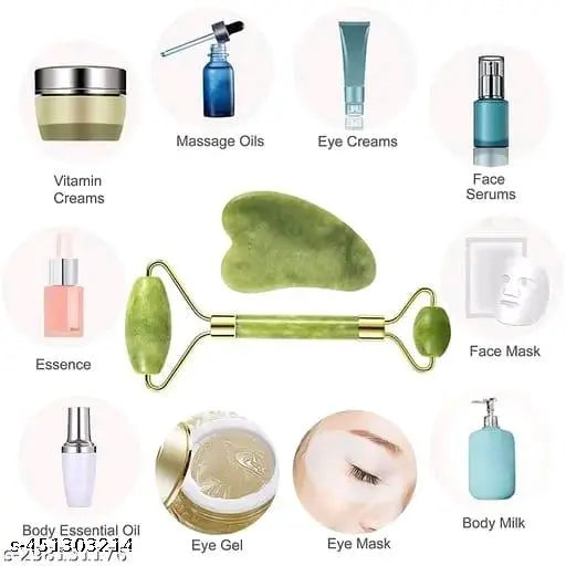 MEZRAA Jade & 3D Roller Facial Massager Combo | Stone Roller + Gua Sha + 3D Body Massager