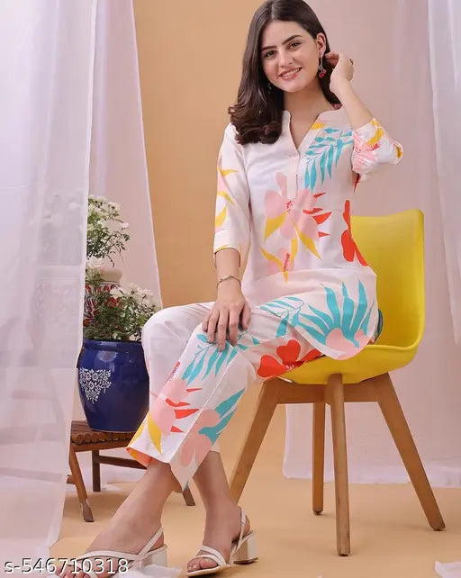 Mezraa Floral Rayon Co-Ord Set | Tunic & Pant Set for Women