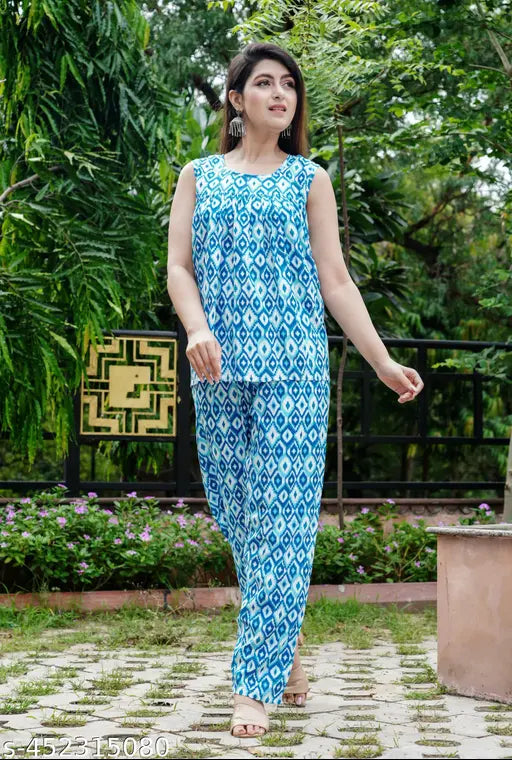 MEZRAA Printed Cotton Peplum Co-Ord Set | Sleeveless Summer Chic