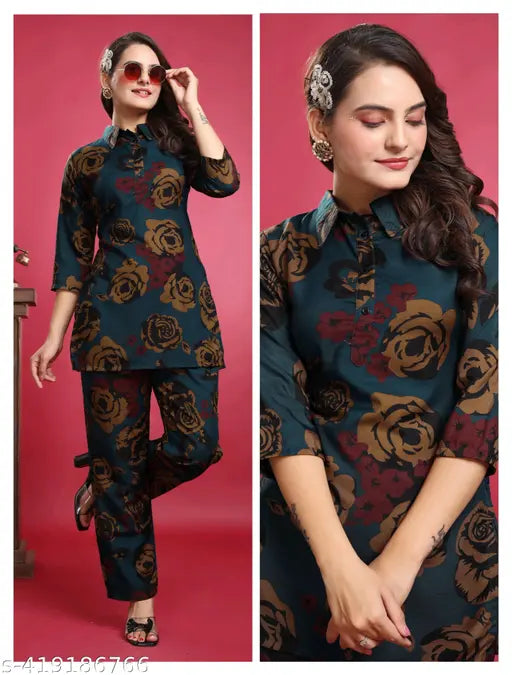 MEZRAA Printed Rayon Co-Ord Set for Women & Girls | Top & Bottom Set