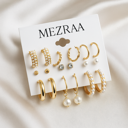 9-Pair Gold Pearl Hoop & Stud Set