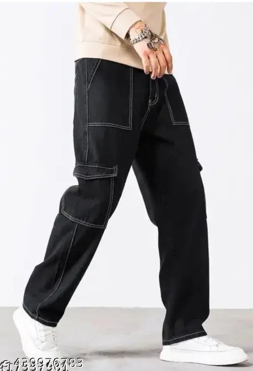 MEZRAA Men's Solid Cargo Denim Jeans