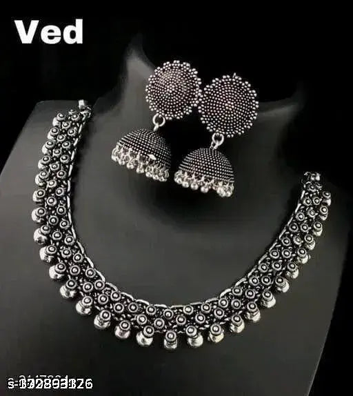 MEZRAA™ Oxidised Silver Necklace & Earrings Set for Women | Elegant Brass Combo Set