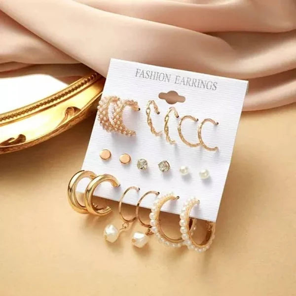 9-Pair Gold Pearl Hoop & Stud Set