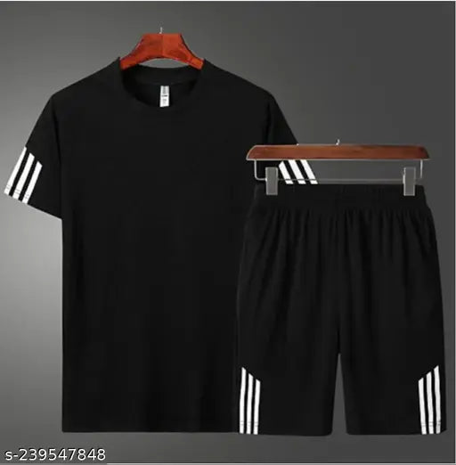 MEZRAA x STYLOKETH Black Striped Tracksuit – Tee & Shorts Set for Men